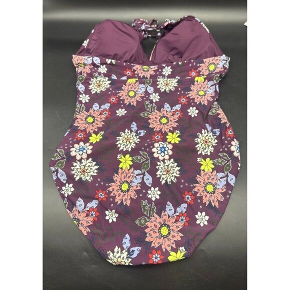Anne Cole Women’s Purple Floral Merlot Plunge Ruched One Piece Swimsuit Sz 12 - Picture 9 of 11